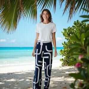 Elan Beach Navy White Abstract Wide Leg Palazzo Pants Vacation Pool Resort Sz M